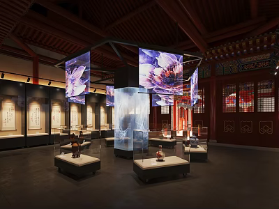 Traditional Chinese Exhibition Hall Featuring Hanging Digital Screens Flower Projections And Display Pedestals 3d model