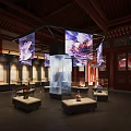 Traditional Chinese Exhibition Hall Featuring Hanging Digital Screens Flower Projections And Display Pedestals