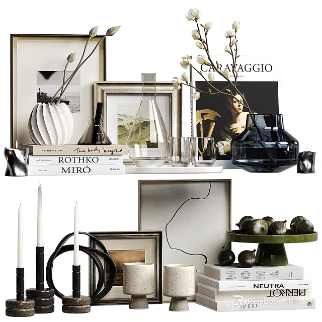 Stylish Ornamental Decor Set with Vases Photo Frames Books and Candle Holders 3d model 