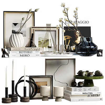 Stylish Ornamental Decor Set with Vases Photo Frames Books and Candle Holders 3d model