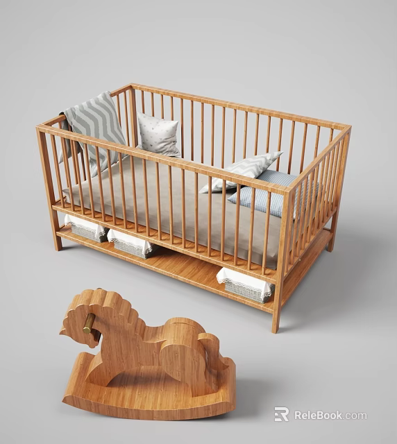 Wooden Baby Crib With Soft Pillows Underbed Storage Drawers And Wooden Horse Toy In Nursery 3d model 