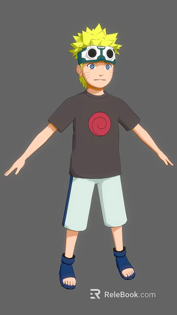 Stylized Character in Black T-shirt Featuring Red Spiral Design and Light Pants with Blue Stripes 3d model 