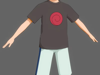 Stylized Character in Black T-shirt Featuring Red Spiral Design and Light Pants with Blue Stripes 3d model