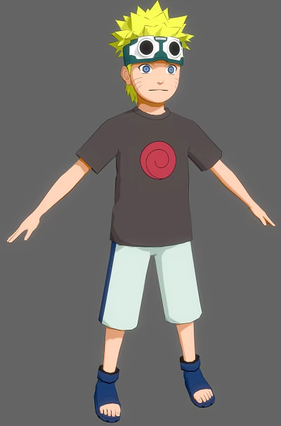 Stylized Character in Black T-shirt Featuring Red Spiral Design and Light Pants with Blue Stripes 3d model