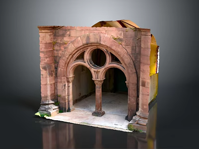 Historical Ruin Structure with Red Brown Brick Arched Portal Circular Window Columns and Weathered Details 3d model