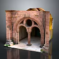 Historical Ruin Structure with Red Brown Brick Arched Portal Circular Window Columns and Weathered Details