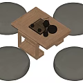Wooden Tea Table with Gray Round Stools and Tea Set on Top 3d model