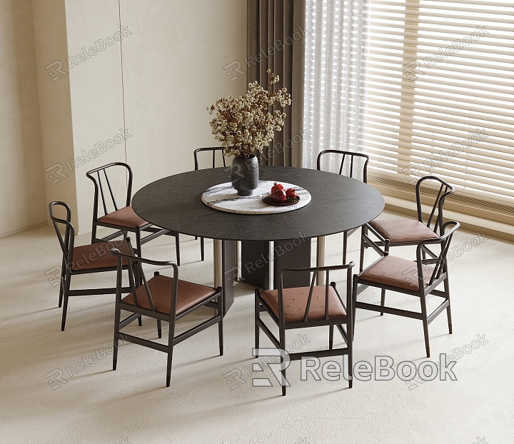 New Chinese Dining Table and Chair Combination Dining Chair Round Dining Table Table Ornaments model