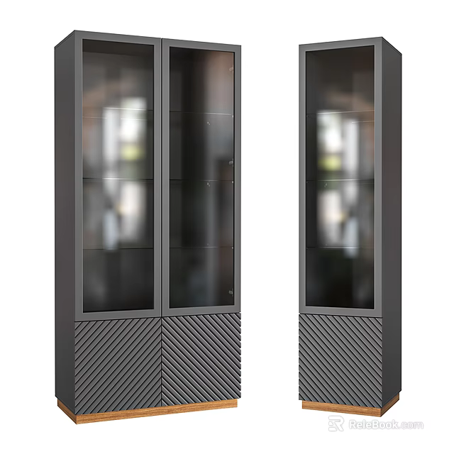 Modern Black Entryway Side Cabinet With Glass Doors And Chevron Base Design 3d model 