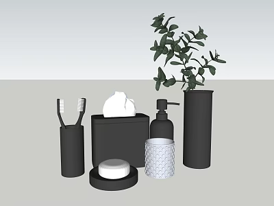 Modern Bathroom Accessories Set With Toothbrush Holder Tissue Box Soap Dispenser And Green Plant 3d model
