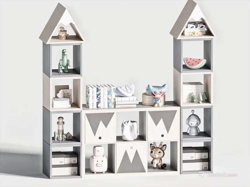 House Shaped White And Gray Decorative Cabinet With Shelves Holding Toys Books And Decorations 3d model 