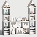 House Shaped White And Gray Decorative Cabinet With Shelves Holding Toys Books And Decorations