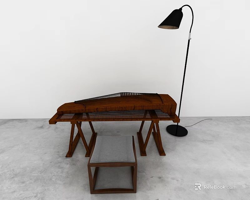 Traditional Guqin and Artistic Painting Tools in Studio with Wooden Table Stool and Floor Lamp 3d model 