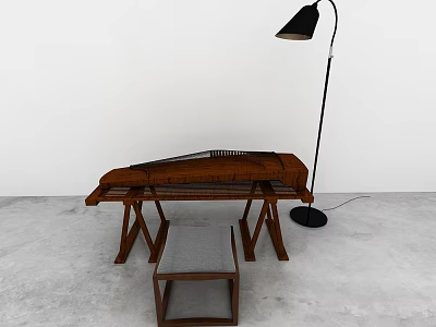 Traditional Guqin and Artistic Painting Tools in Studio with Wooden Table Stool and Floor Lamp 3d model