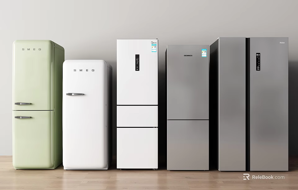 Stylish Refrigerators in Various Colors and Different Models Displayed Side by Side 3d model 