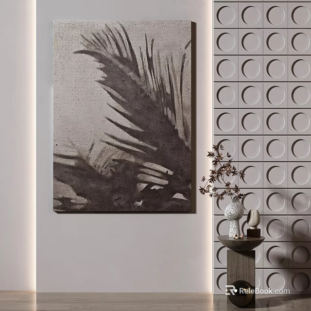 Elegant Interior Decor With Black White Palm Leaf Art And Circular Pattern Wall 3d model