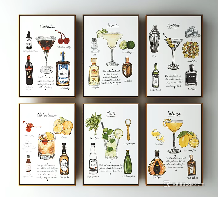 Hand Drawn Cocktail Illustrations Featuring Various Drinks Bottles And Ingredients 3d model