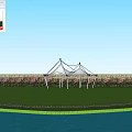 Waterfront Landscape With Green Lawn People Gathering White Colorful Tents Trees Birds And Boat