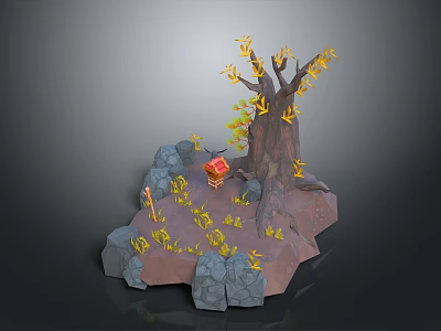 Wooden Stump Stone Rocks 3D Model Scene With Yellow Leaves Red Chest And Sword 3d model