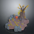 Wooden Stump Stone Rocks 3D Model Scene With Yellow Leaves Red Chest And Sword