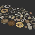 Assorted Decorative Circular Disc Components With Golden Brown Gray Textures And Ornamental Patterns 3d model