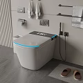 Modern Smart Toilet With Blue Light Strip White Towels And Brown Slippers On Gray Mat