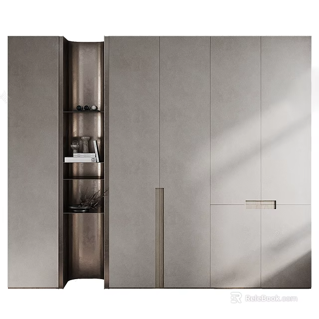 Sleek Modern Wardrobe Interior With Light Gray Finish And Metal Handle Storage Shelves 3d model 