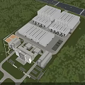 Modern Industrial Factory Building With White Exterior And Blue Stripes Along Roadside