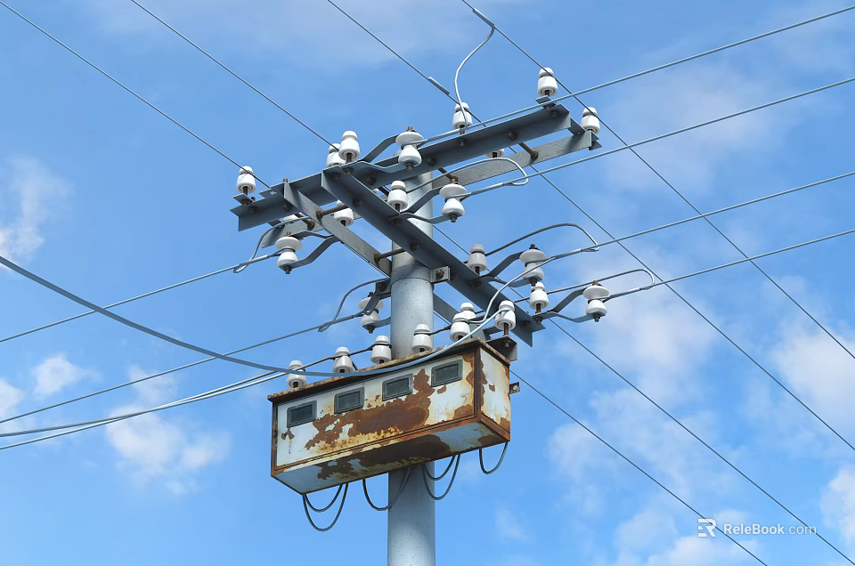 Urban Road Facilities With Utility Pole Power Lines And Rusted Metal Box Against Blue Sky 3d model 