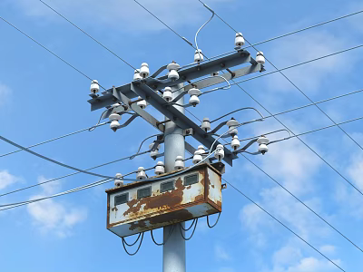 Urban Road Facilities With Utility Pole Power Lines And Rusted Metal Box Against Blue Sky 3d model