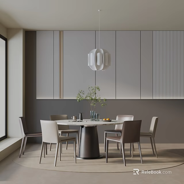 Modern Dining Table Set With Gray Cabinets Pendant Light Green Plant And Chairs 3d model 