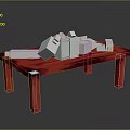 Red Table With White Geometric Objects In Modern 3D Model