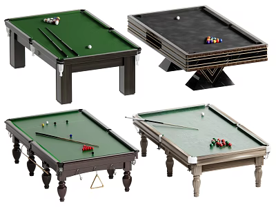 Various Billiard Tables Recreation Equipment With Green Black Surfaces Wooden Modern Legs And Cues 3d model
