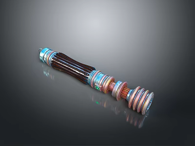 Futuristic Weapon With Metallic Cylindrical Design Colorful Blue Red Copper Rings Shiny Reflective Surface 3d model