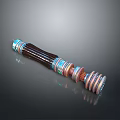Futuristic Weapon With Metallic Cylindrical Design Colorful Blue Red Copper Rings Shiny Reflective Surface