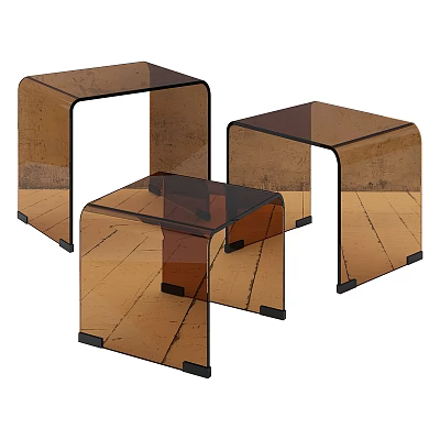 Modern Brown Transparent Coffee Tables With Curved Design And Black Legs On Wooden Floor 3d model