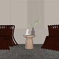 Modern Curved Wooden Table And Chairs Set With Vase Green Plants White Vertical Stripe Wall