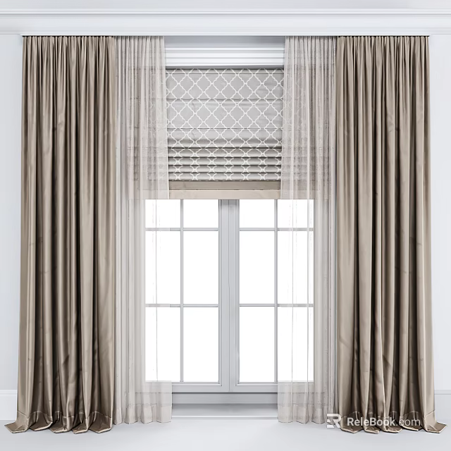 Elegant Modern Curtains With Neutral Tone Sheer Panels And Window Roller Blinds 3d model