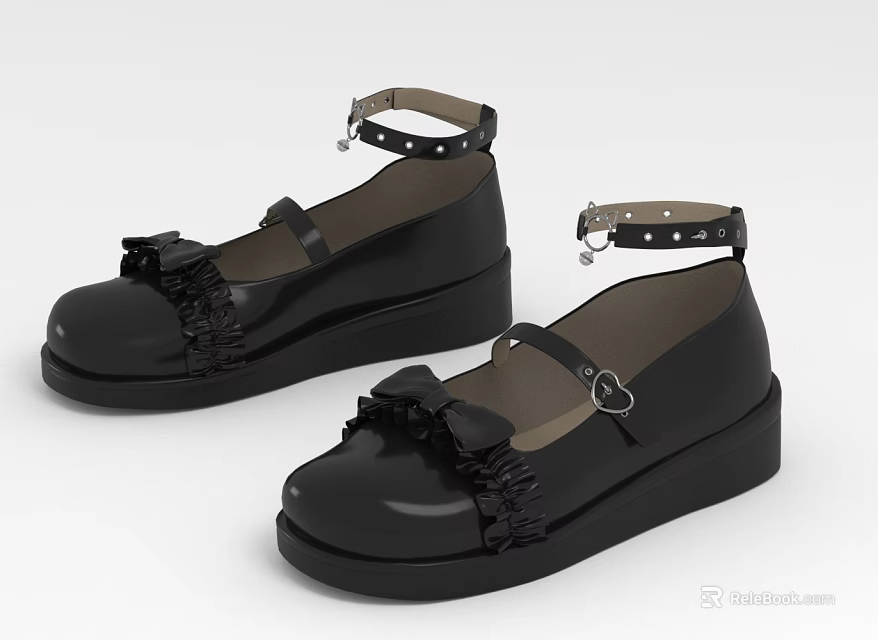 Stylish Black Platform Shoes with Ankle Straps Decorative Bows and Silver Studs 3d model 