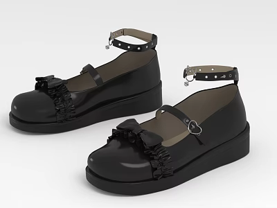 Stylish Black Platform Shoes with Ankle Straps Decorative Bows and Silver Studs 3d model