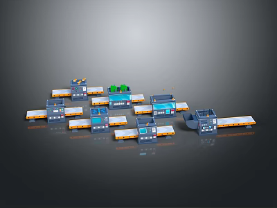 3D Rendered Industrial Mechanical Modules Featuring Blue Orange Components And Green Indicators 3d model