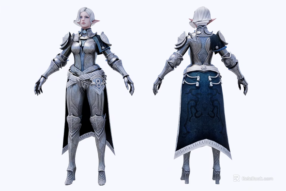 Elf Female Game Movie Character In Silver Armor With Blue Skirt 3d model 