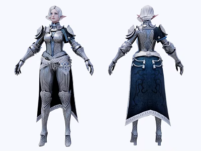 Elf Female Game Movie Character In Silver Armor With Blue Skirt 3d model