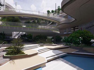 Modern Commercial Landscape With Multi Level Design Greenery Water Features And Pathways 3d model