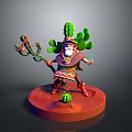 Man With Cactus Hat Decorative Outfit Holding Staff On Red Base With Small Cactus 3d model