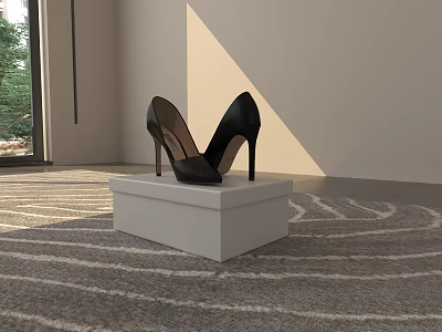 Modern Corporate Exhibition Hall With Black High Heels On White Display Stand And Carpet 3d model