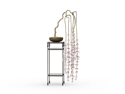 Bonsai Potted Plant With Drooping Branches And Pink Flowers On Metal Stand 3d model