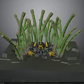 Yellow And Black Robot Surrounded By Green Bamboo Like Plants On Gray Platform