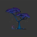 Cartoon Tree Scene With Blue Trunk Purple Leaves Dripping Water Colorful Candles And Stones
