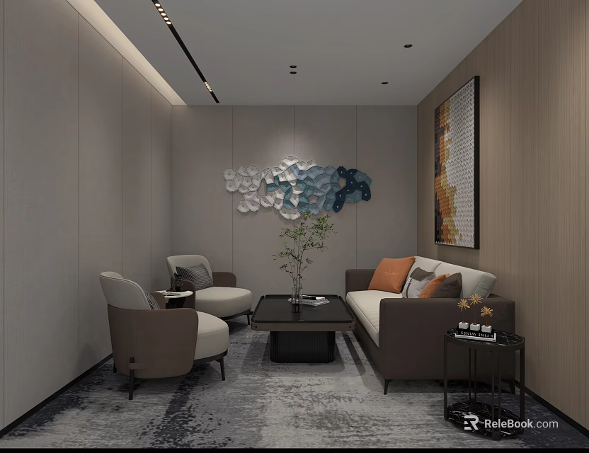Hotel Public Lounge Area With Modern Sofa Armchairs Coffee Table And Wall Decor 3d model 